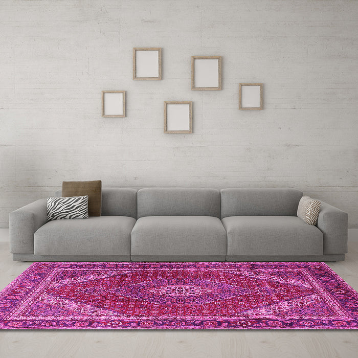 Machine Washable Persian Pink Traditional Rug in a Living Room, wshtr1381pnk