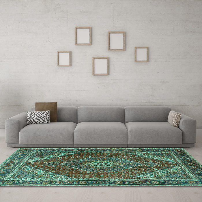 Machine Washable Persian Turquoise Traditional Area Rugs in a Living Room,, wshtr1381turq