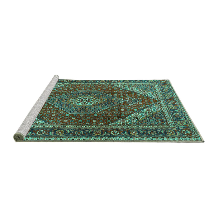 Sideview of Machine Washable Persian Turquoise Traditional Area Rugs, wshtr1381turq