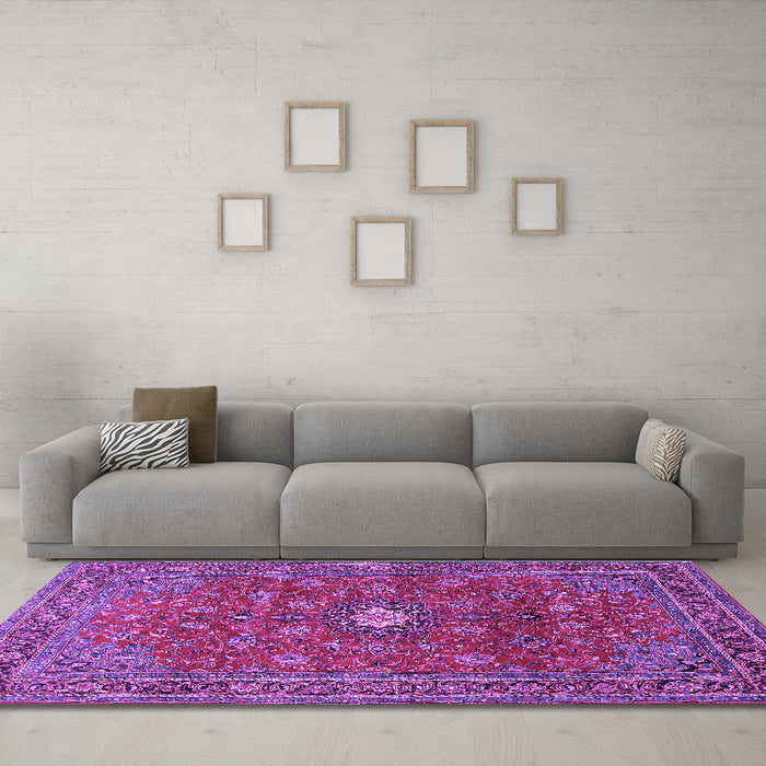 Machine Washable Persian Purple Traditional Area Rugs in a Living Room, wshtr1382pur