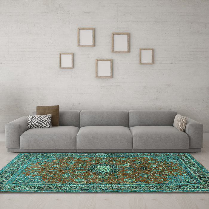 Machine Washable Persian Turquoise Traditional Area Rugs in a Living Room,, wshtr1382turq