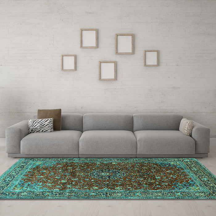 Machine Washable Persian Turquoise Traditional Area Rugs in a Living Room,, wshtr1383turq