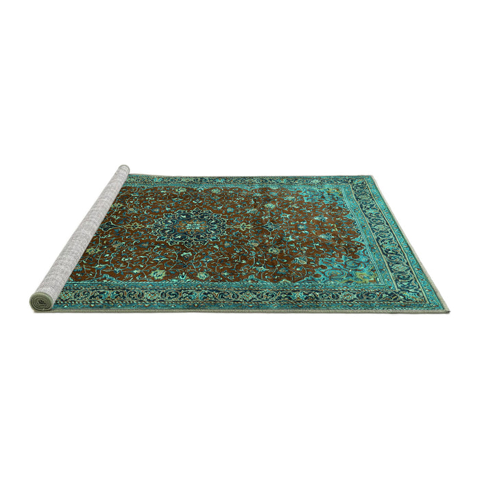 Sideview of Machine Washable Persian Turquoise Traditional Area Rugs, wshtr1383turq