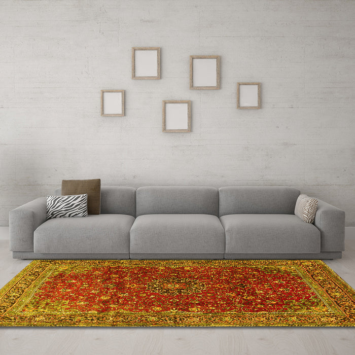 Machine Washable Persian Yellow Traditional Rug in a Living Room, wshtr1383yw