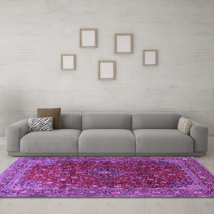 Machine Washable Persian Purple Traditional Area Rugs in a Living Room, wshtr1383pur