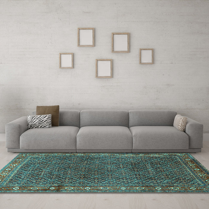 Machine Washable Persian Turquoise Traditional Area Rugs in a Living Room,, wshtr1384turq