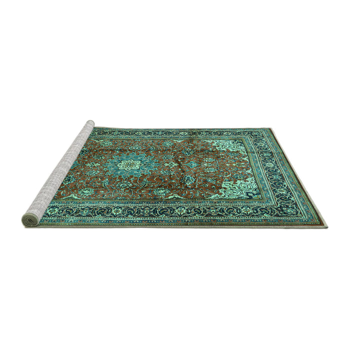 Sideview of Machine Washable Persian Turquoise Traditional Area Rugs, wshtr1385turq