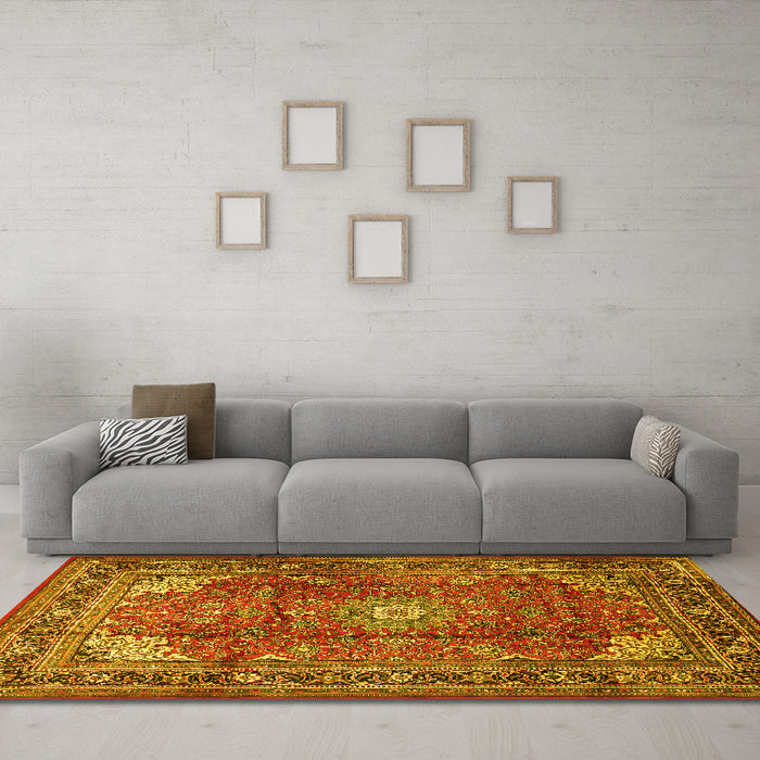 Machine Washable Persian Yellow Traditional Rug in a Living Room, wshtr1385yw