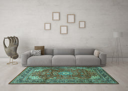 Machine Washable Persian Turquoise Traditional Area Rugs in a Living Room,, wshtr1385turq