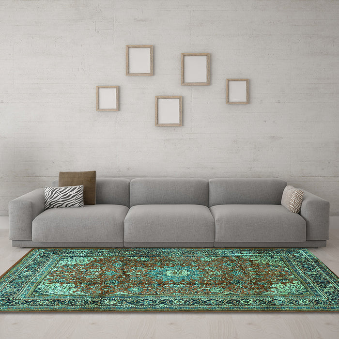 Machine Washable Persian Turquoise Traditional Area Rugs in a Living Room,, wshtr1385turq