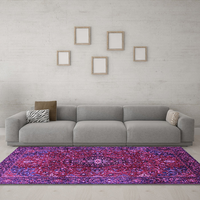 Machine Washable Medallion Purple Traditional Area Rugs in a Living Room, wshtr1386pur
