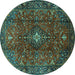 Round Machine Washable Medallion Turquoise Traditional Area Rugs, wshtr1386turq