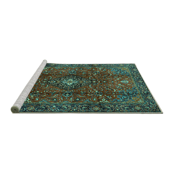 Sideview of Machine Washable Medallion Turquoise Traditional Area Rugs, wshtr1386turq