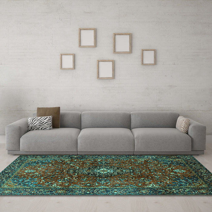 Machine Washable Medallion Turquoise Traditional Area Rugs in a Living Room,, wshtr1386turq