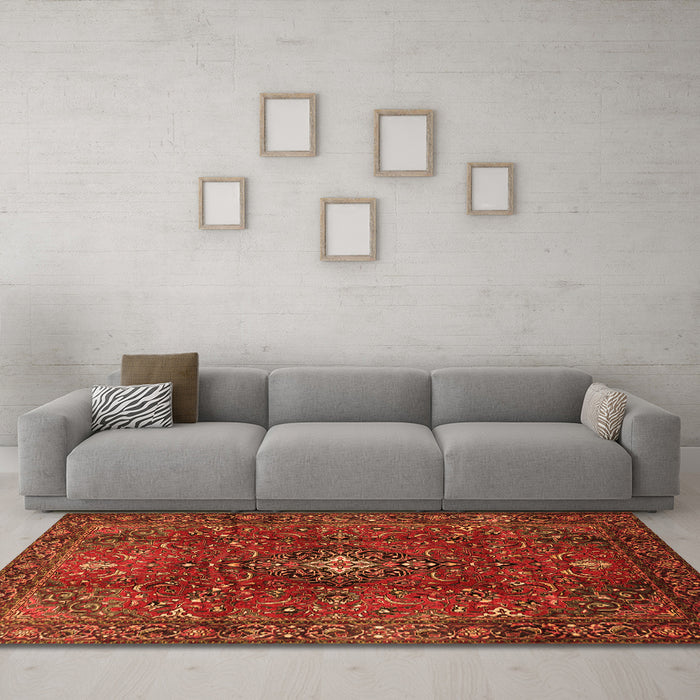 Machine Washable Medallion Orange Traditional Area Rugs in a Living Room, wshtr1386org