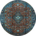 Round Machine Washable Medallion Light Blue Traditional Rug, wshtr1386lblu