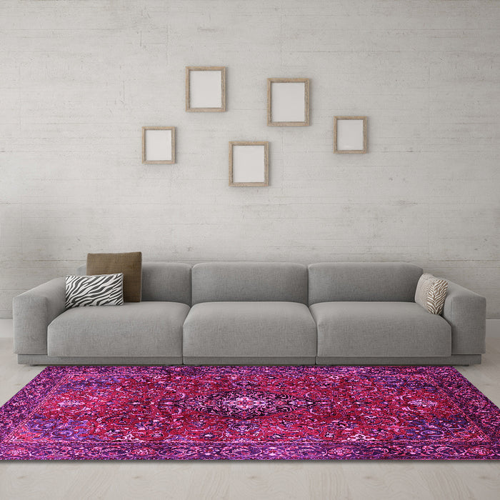 Machine Washable Medallion Pink Traditional Rug in a Living Room, wshtr1386pnk