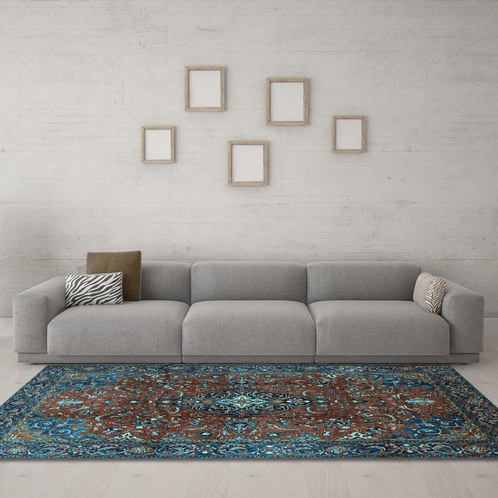 Machine Washable Medallion Light Blue Traditional Rug in a Living Room, wshtr1386lblu