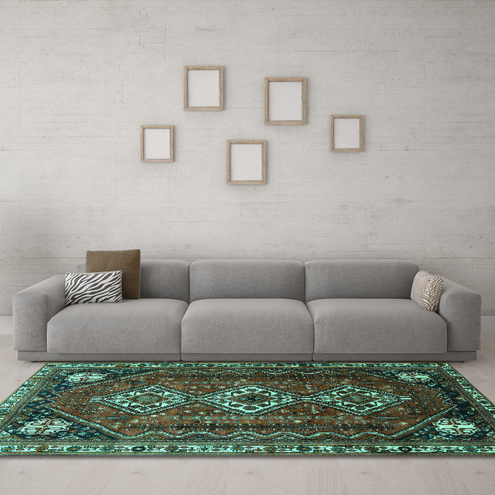 Machine Washable Persian Turquoise Traditional Area Rugs in a Living Room,, wshtr1387turq
