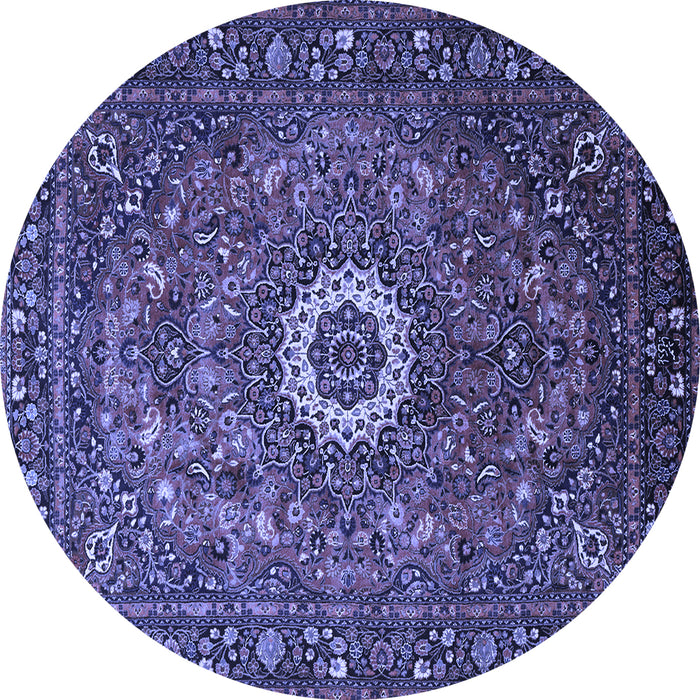 Round Machine Washable Medallion Blue Traditional Rug, wshtr1388blu