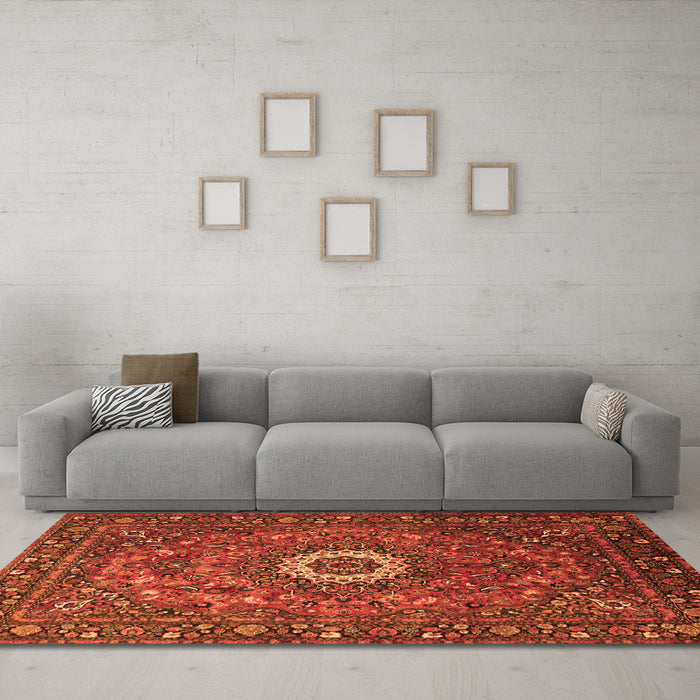 Machine Washable Medallion Orange Traditional Area Rugs in a Living Room, wshtr1388org
