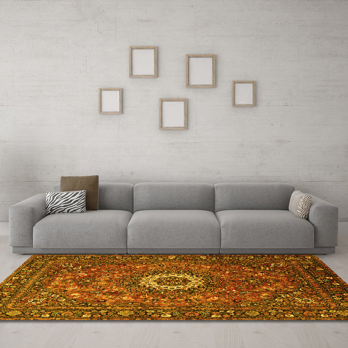 Machine Washable Medallion Yellow Traditional Rug in a Living Room, wshtr1388yw