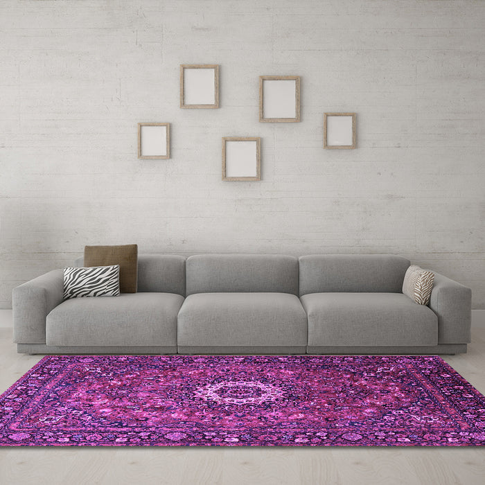 Machine Washable Medallion Purple Traditional Area Rugs in a Living Room, wshtr1388pur