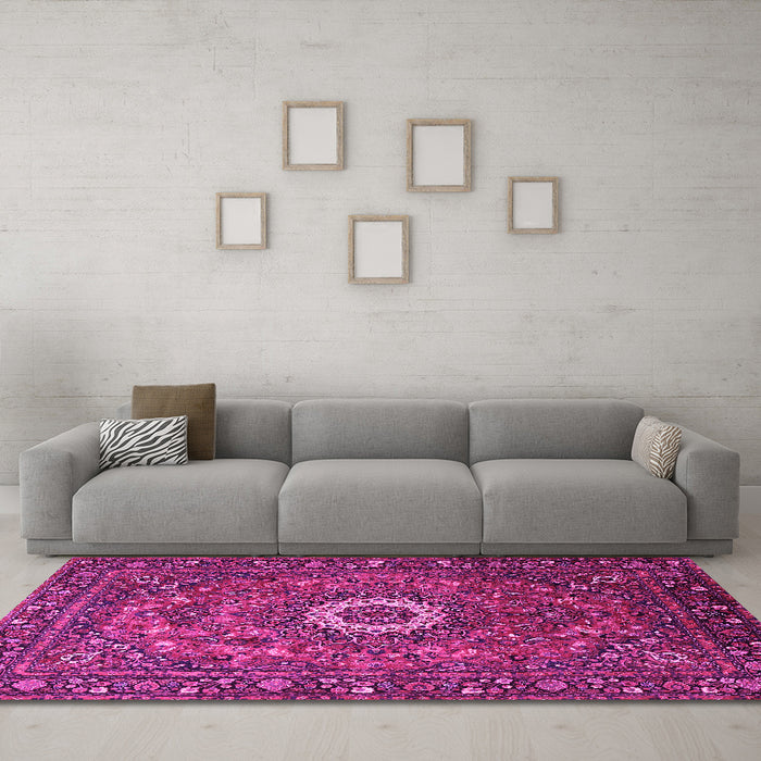 Machine Washable Medallion Pink Traditional Rug in a Living Room, wshtr1388pnk