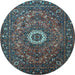 Round Machine Washable Medallion Light Blue Traditional Rug, wshtr1388lblu