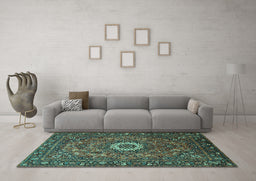 Machine Washable Medallion Turquoise Traditional Area Rugs in a Living Room,, wshtr1388turq