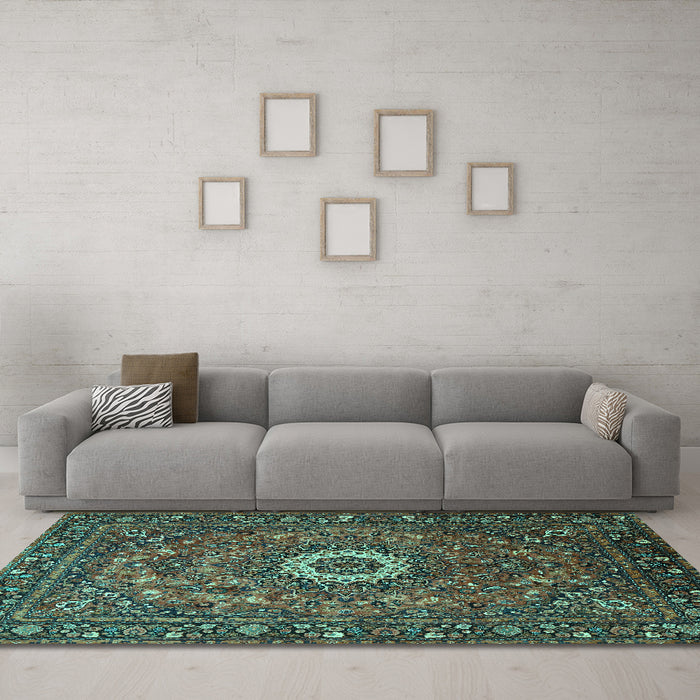 Machine Washable Medallion Turquoise Traditional Area Rugs in a Living Room,, wshtr1388turq