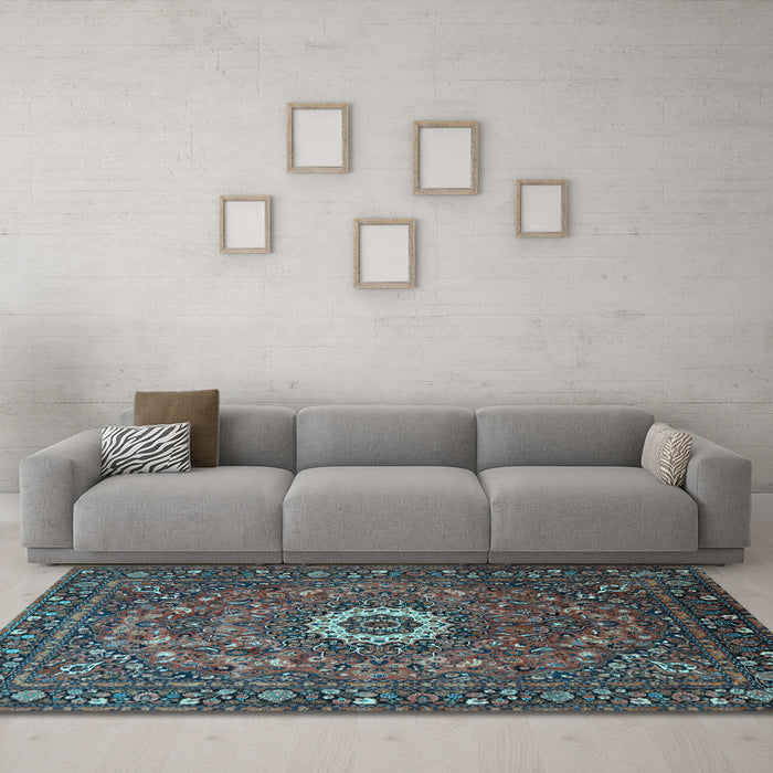 Machine Washable Medallion Light Blue Traditional Rug in a Living Room, wshtr1388lblu