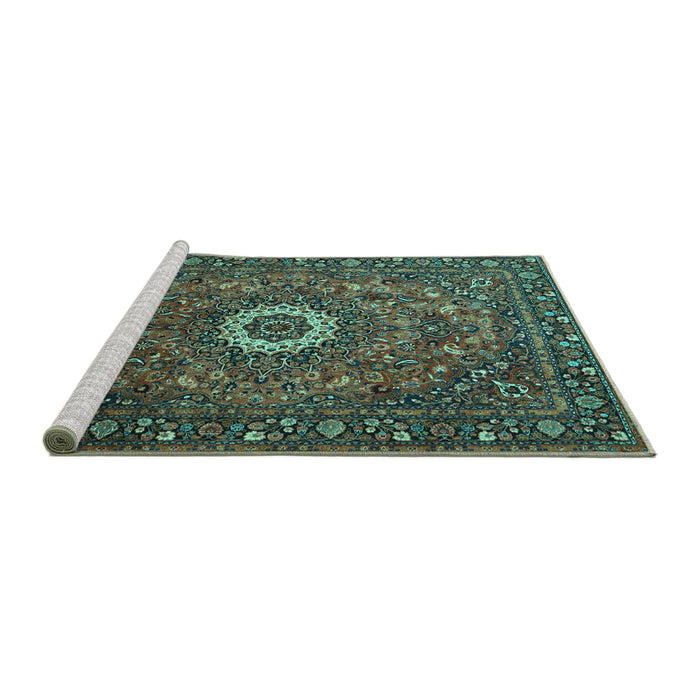 Sideview of Machine Washable Medallion Turquoise Traditional Area Rugs, wshtr1388turq