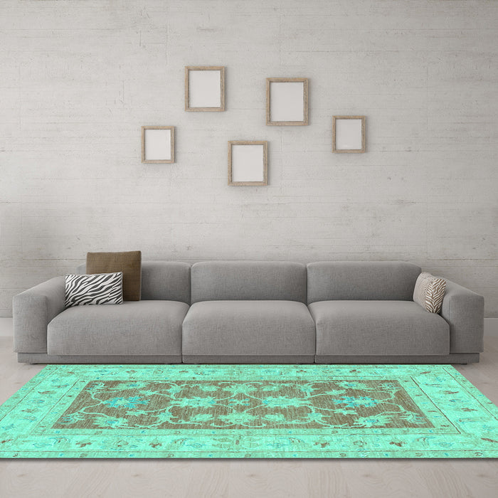 Machine Washable Oriental Turquoise Traditional Area Rugs in a Living Room,, wshtr1390turq