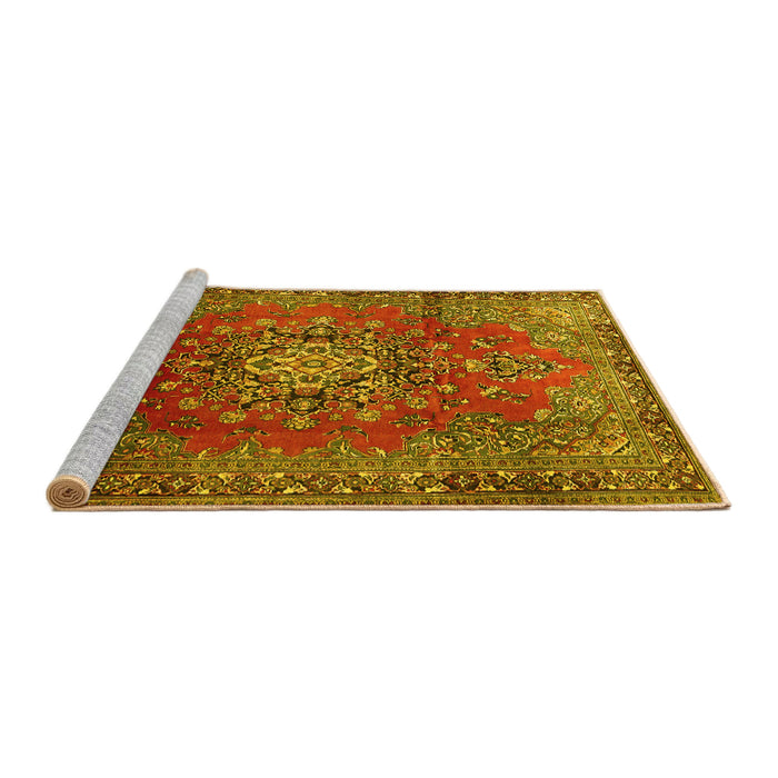 Sideview of Machine Washable Persian Yellow Traditional Rug, wshtr1393yw