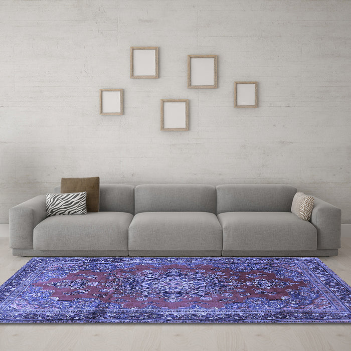 Machine Washable Persian Blue Traditional Rug in a Living Room, wshtr1393blu