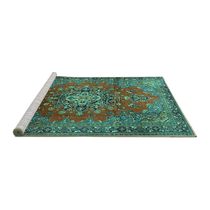 Sideview of Machine Washable Persian Turquoise Traditional Area Rugs, wshtr1393turq