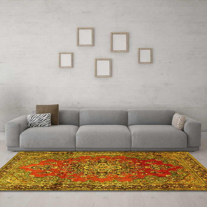 Machine Washable Persian Yellow Traditional Rug in a Living Room, wshtr1393yw