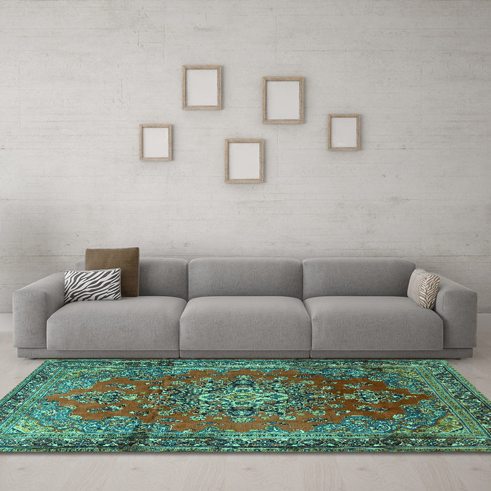 Machine Washable Persian Turquoise Traditional Area Rugs in a Living Room,, wshtr1393turq
