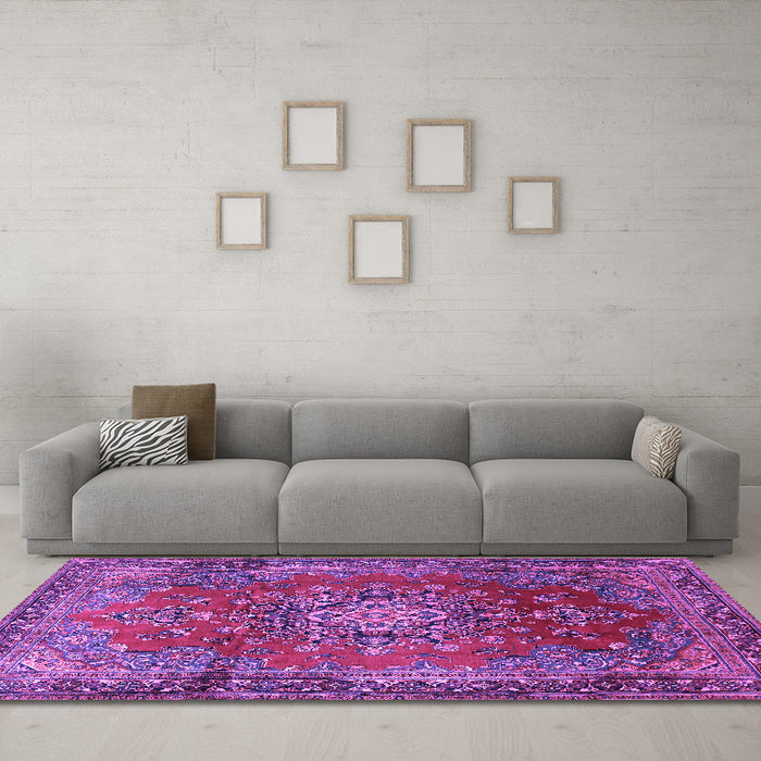 Machine Washable Persian Purple Traditional Area Rugs in a Living Room, wshtr1393pur