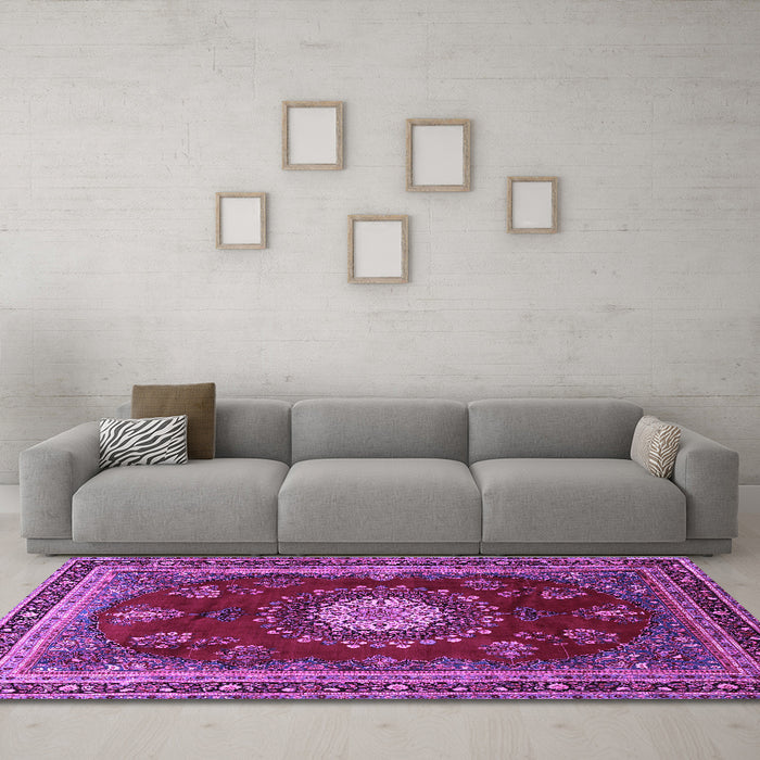 Machine Washable Persian Purple Traditional Area Rugs in a Living Room, wshtr1395pur