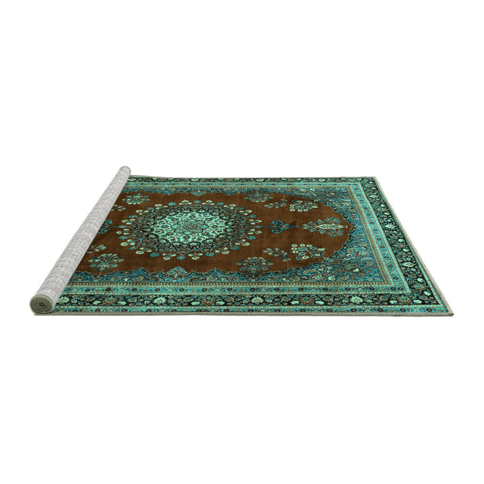 Sideview of Machine Washable Persian Turquoise Traditional Area Rugs, wshtr1395turq