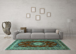 Machine Washable Persian Turquoise Traditional Area Rugs in a Living Room,, wshtr1395turq
