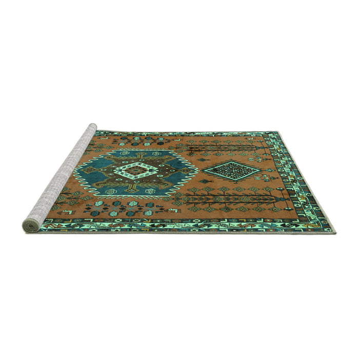Sideview of Machine Washable Persian Turquoise Traditional Area Rugs, wshtr1396turq