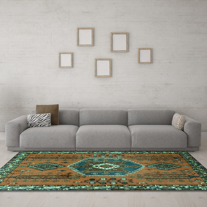 Machine Washable Persian Turquoise Traditional Area Rugs in a Living Room,, wshtr1396turq