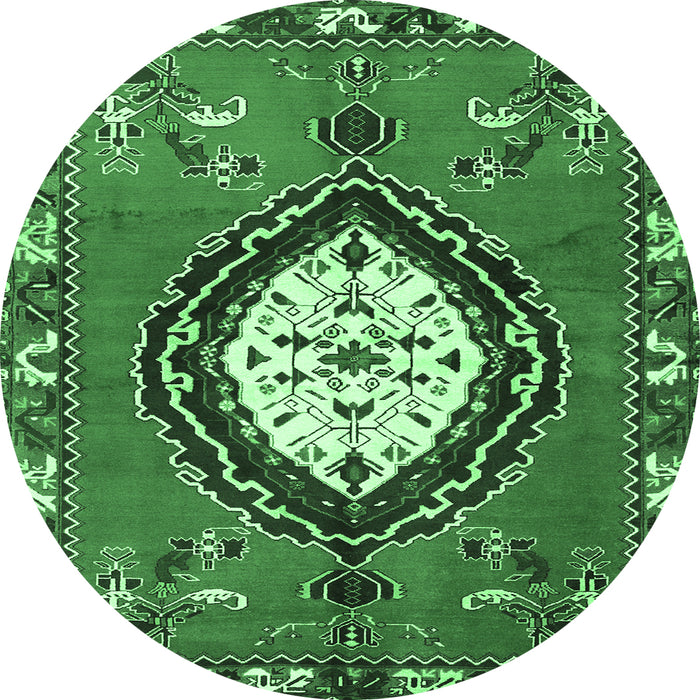 Round Machine Washable Medallion Emerald Green Traditional Area Rugs, wshtr1397emgrn