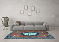 Machine Washable Medallion Light Blue Traditional Rug, wshtr1397lblu