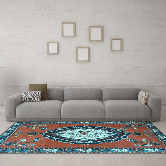 Machine Washable Medallion Light Blue Traditional Rug in a Living Room, wshtr1397lblu