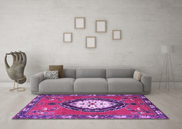 Machine Washable Medallion Purple Traditional Area Rugs in a Living Room, wshtr1397pur