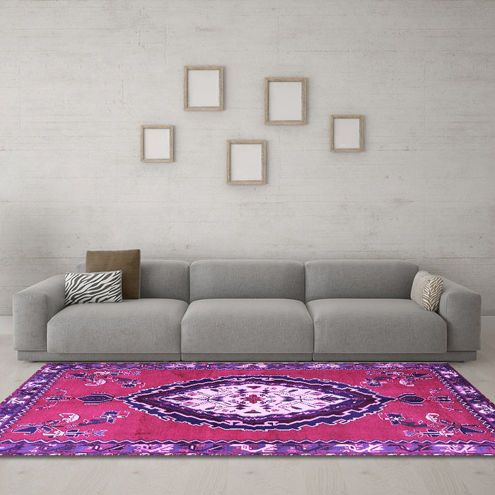 Machine Washable Medallion Purple Traditional Area Rugs in a Living Room, wshtr1397pur